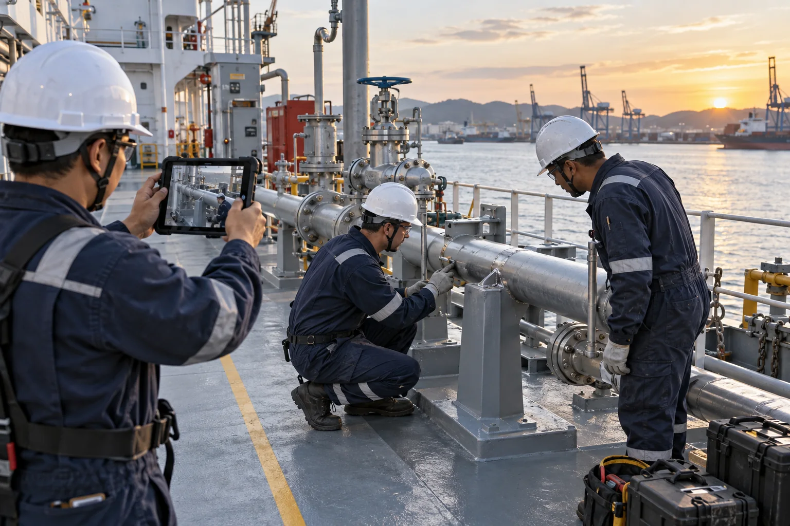 Marine technician documenting repair work on a vessel deck