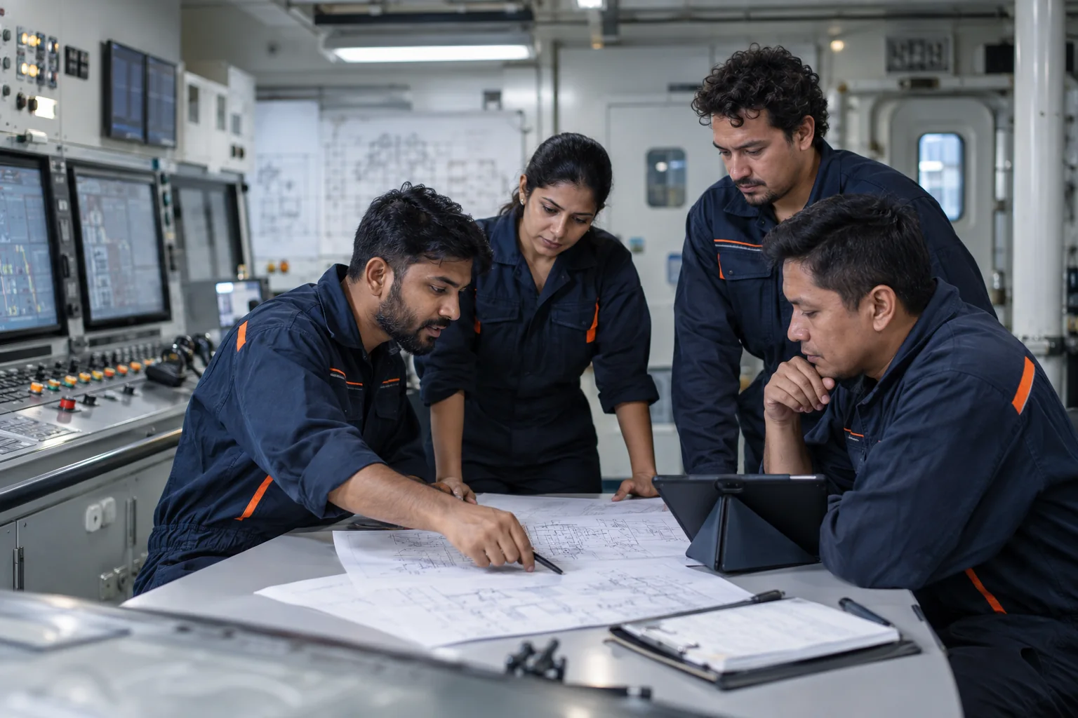 International marine technical team planning a vessel intervention